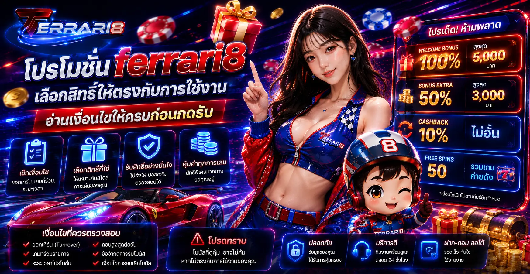 โปรโมชั่น ferrari8 เลือกสิทธิ์ให้ตรงกับการใช้งาน อ่านเงื่อนไขให้ครบก่อนกดรับ